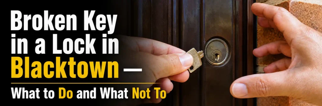 Broken key in a front door lock in Blacktown with hands holding the damaged key near the lock cylinder. Copy Alt Text