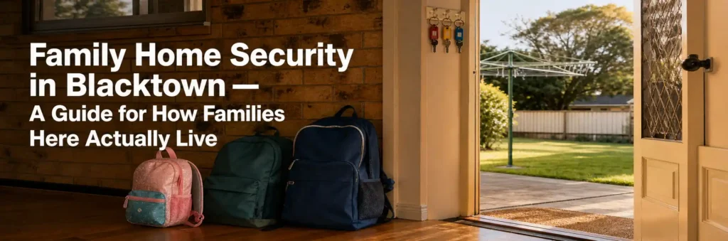 Family home security in Blacktown featuring school backpacks near an open front door, a secure entryway, and a view of the backyard.