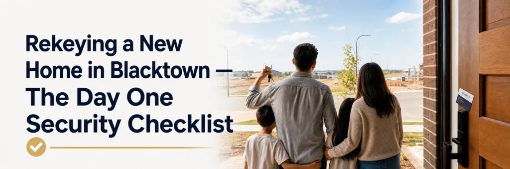 Family entering a new home in Blacktown with new house keys, highlighting the importance of rekeying locks and checking home security on moving day.
