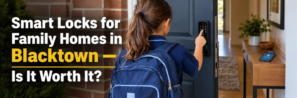 Child using a smart lock keypad on a family home front door in Blacktown, NSW. Copy Alt Text