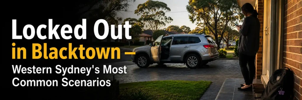 Person locked out of a Blacktown home while standing near the front entrance, with a car parked in the driveway, illustrating common residential lockout situations in Western Sydney.